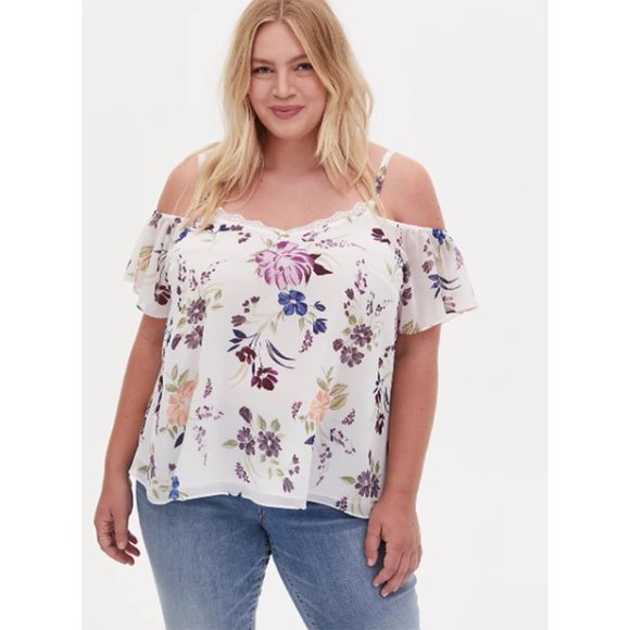 torrid Tops - Torrid Crinkled Chiffon Cold Shoulder Blouse Off-The-Shoulder Top Floral White 2